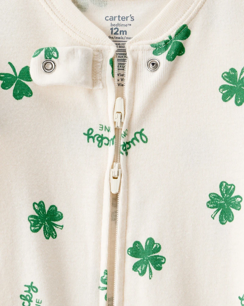 Baby St. Patrick's Day 100% Cotton Loose Fit 2-Way Zip Footie 1-Piece Pajamas - Ivory