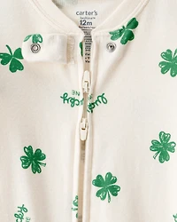 Baby St. Patrick's Day 100% Cotton Loose Fit 2-Way Zip Footie 1-Piece Pajamas - Ivory