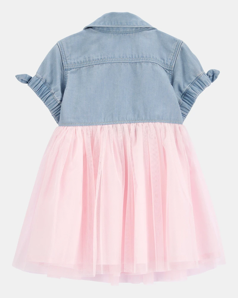 Baby Denim Shirt Dress With Tulle Skirt