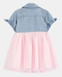 Baby Denim Shirt Dress With Tulle Skirt
