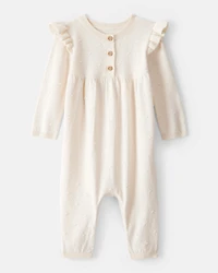 Baby Girl Cotton Long-Sleeve Jumpsuit - Ivory