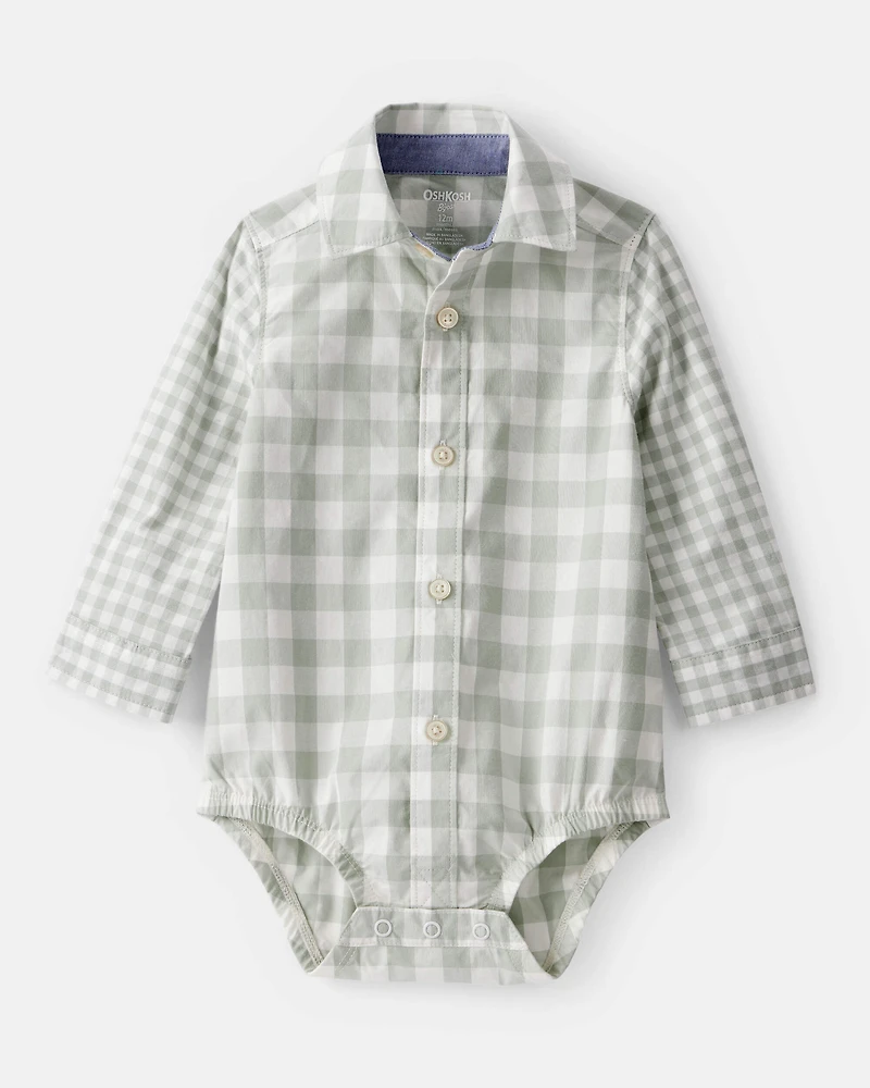 Baby Boy Plaid Long-Sleeve Button-Down Bodysuit - Green