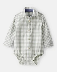 Baby Boy Plaid Long-Sleeve Button-Down Bodysuit - Green