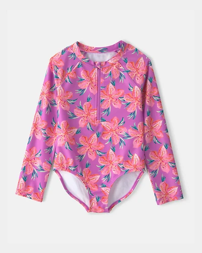 Girls Tropical Floral Rashguard Swimsuit - Purple