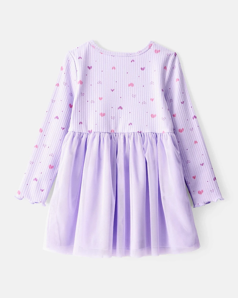 Toddler Girl Heart Print Long-Sleeve Dress - Purple