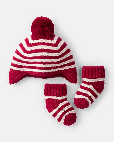 Baby Striped Crochet Pom Winter Hat & Socks Set - Red/White