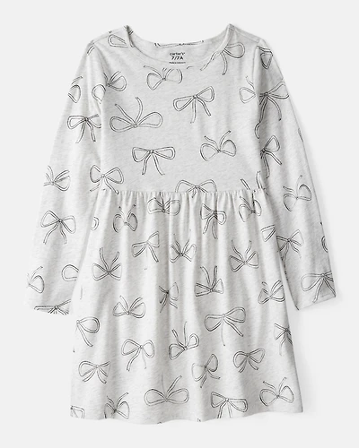 Girls Bow Print Long Sleeve Cotton Dress - Grey