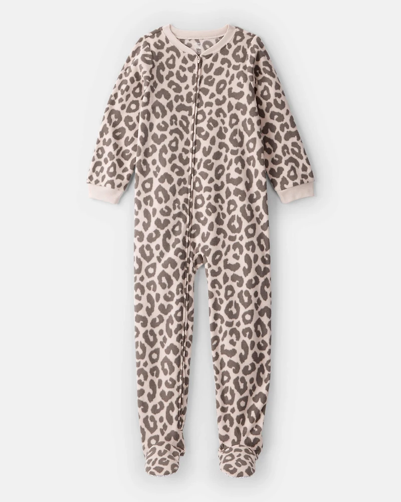 Girls Leopard Print Fleece Long-Sleeve Loose Fit 1-Piece Pajamas -Brown