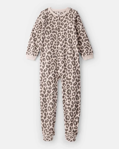 Girls Leopard Print Fleece Long-Sleeve Loose Fit 1-Piece Pajamas -Brown