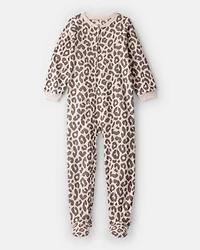Girls Leopard Print Fleece Long-Sleeve Loose Fit 1-Piece Pajamas -Brown