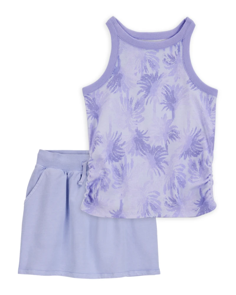Kid 2-Piece Tropical Print Ribbed Tank Top & Active Drawstring Skort Set - Purple