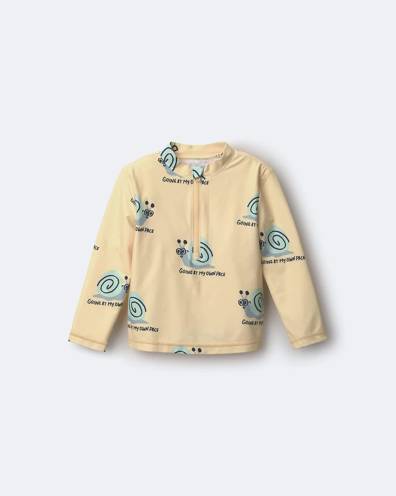 Toddler Half-Zip Long-Sleeve Rashguard in Snail Print- Yellow