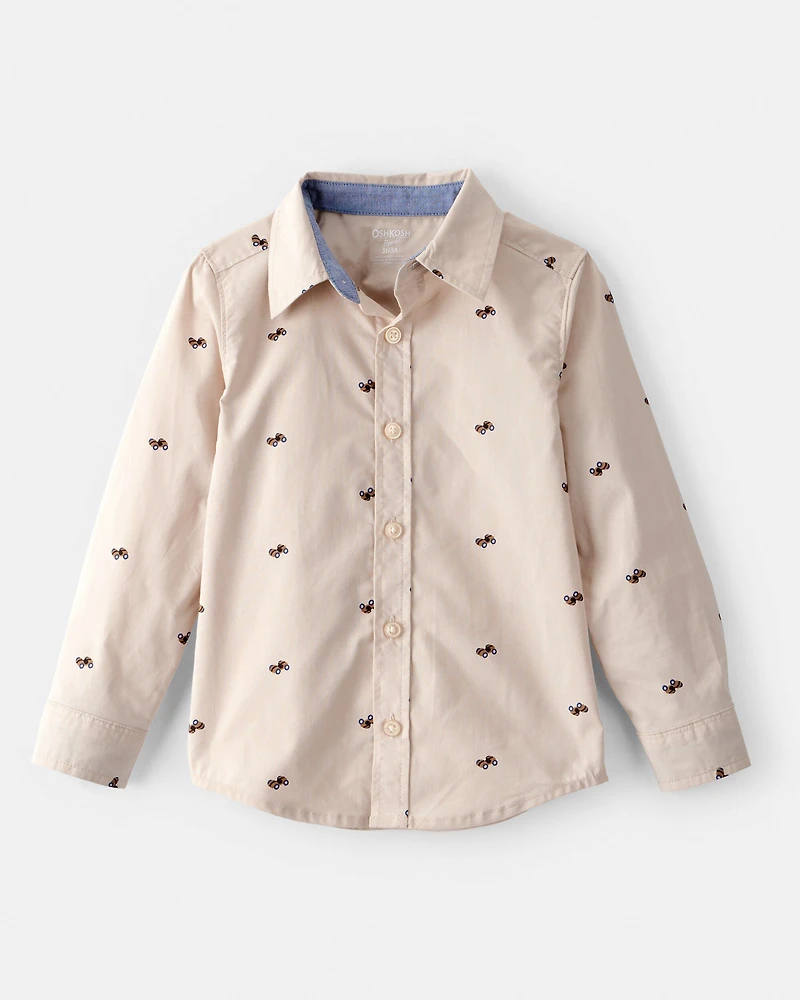 Toddler Boy Race Car Print Long-Sleeve Button-Down Shirt - Khaki