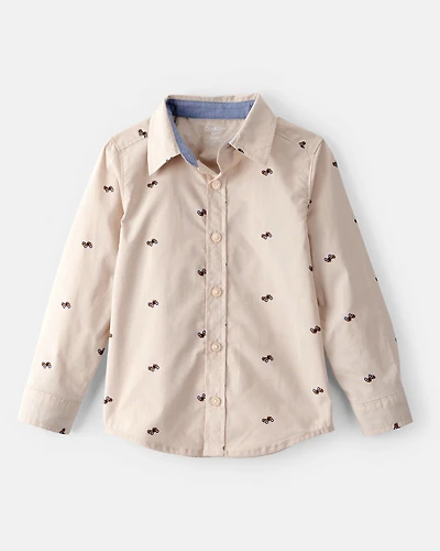 Toddler Boy Race Car Print Long-Sleeve Button-Down Shirt - Khaki