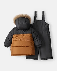 Baby Boy 2-Piece Color Block Hooded Snowsuit Jacket & Bib Set - Brown/Black
