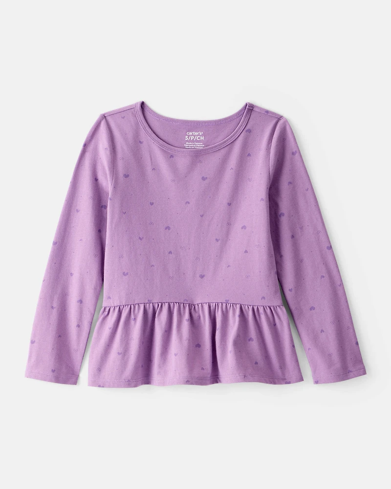 Girls Heart Print Long-Sleeve Peplum Top - Purple