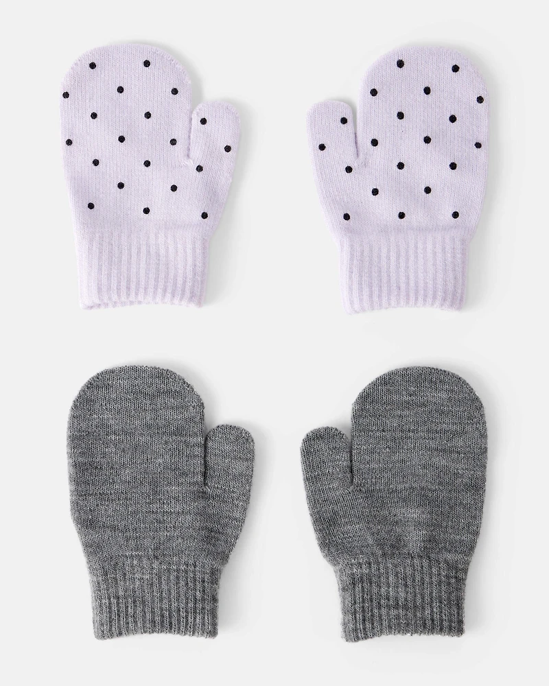 Toddler Girl 2-Pack Cat Polka Dot Winter Mittens - Purple/Grey