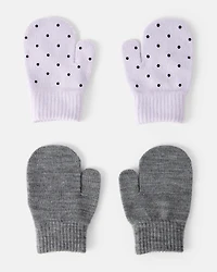 Toddler Girl 2-Pack Cat Polka Dot Winter Mittens - Purple/Grey
