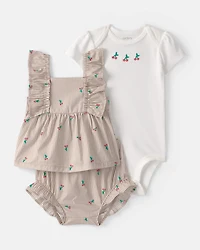 Baby Girl 3-Piece Cherry Striped Outfit Set - Beige/White