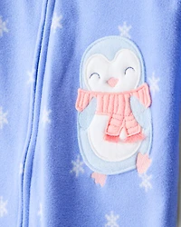 Baby Girl Penguin Fleece Long-Sleeve Loose Fit 1-Piece Pajamas - Blue