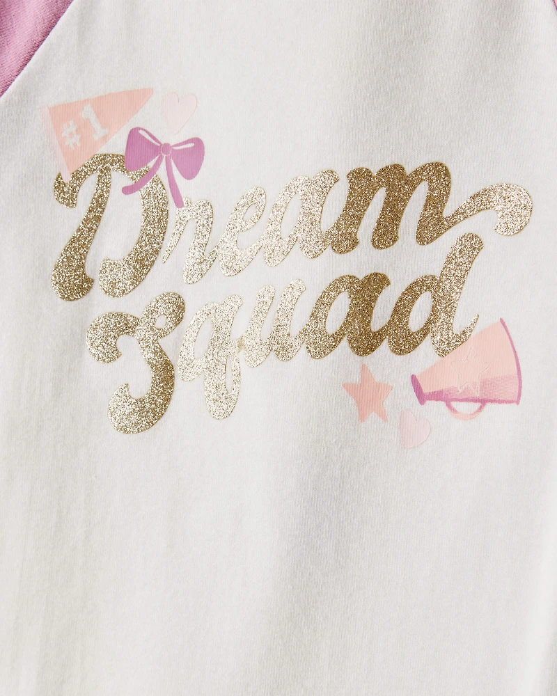 Girls Cheerleading Print 100% Cotton Long-Sleeve 4-Piece Pajamas - White/Pink