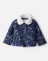 Baby Girl Floral Print Flannel Jacket - Navy