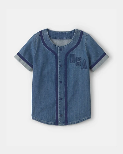 Boys 'USA' Denim Short-Sleeve Button-Down Shirt - Medium Wash