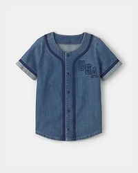 Boys 'USA' Denim Short-Sleeve Button-Down Shirt - Medium Wash