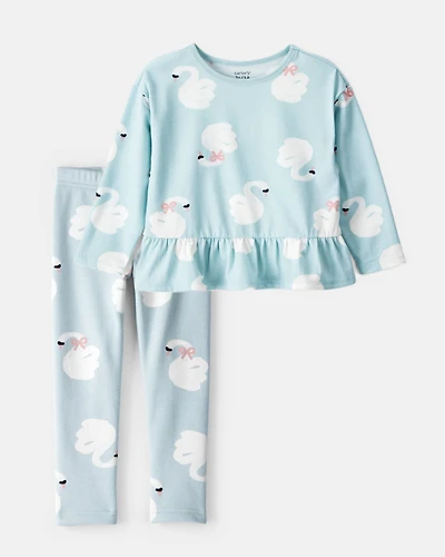 Toddler Girl 2-Piece Swan Print Peplum Top & Cozy Leggings Set - Blue