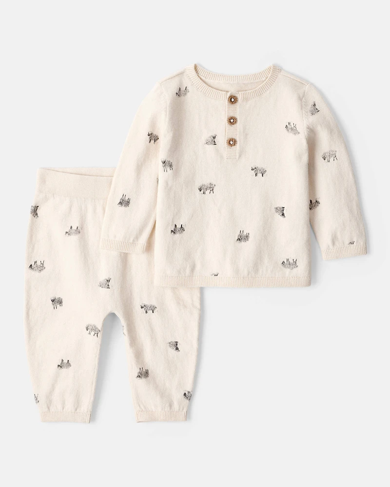 Baby Boy Sheep Print Cotton Long-Sleeve Tee & Pant Set - Ivory