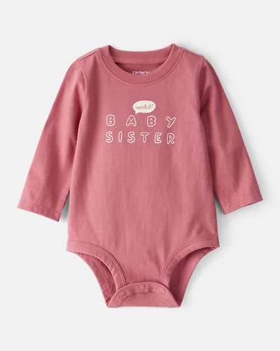 Baby Girl Sweetest Baby Sister Cotton Long-Sleeve Graphic Bodysuit - Pink
