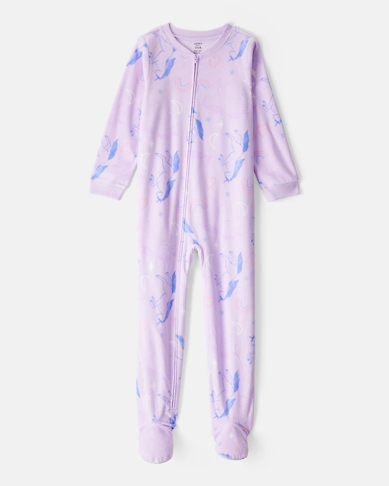 Girls Unicorn Print Loose Fit Long-Sleeve Zip-Up 1-Piece Pajamas - Purple