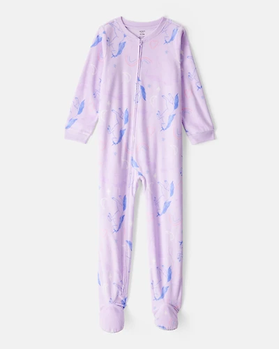 Girls Unicorn Print Loose Fit Long-Sleeve Zip-Up 1-Piece Pajamas - Purple