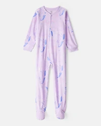 Girls Unicorn Print Loose Fit Long-Sleeve Zip-Up 1-Piece Pajamas - Purple