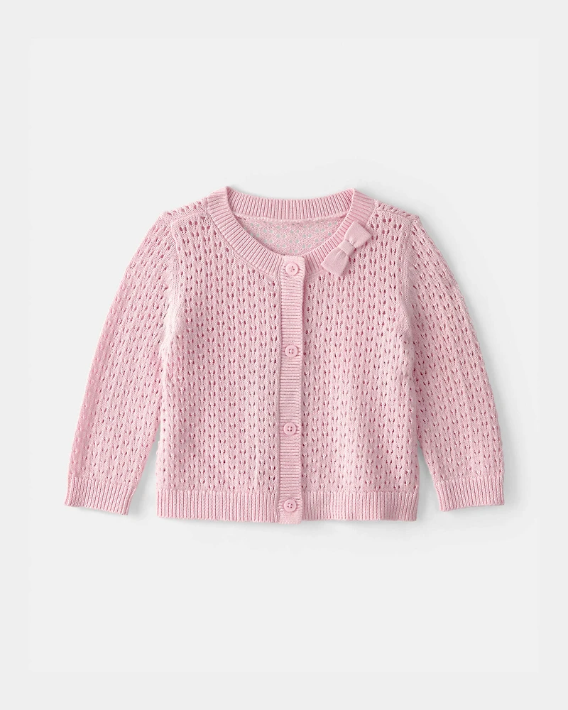 Baby Girl Bow Pointelle Button-Up Cardigan Sweater - Pink