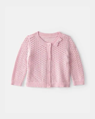 Baby Girl Bow Pointelle Button-Up Cardigan Sweater - Pink
