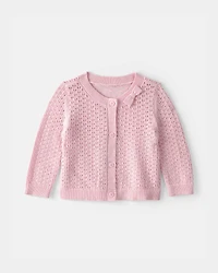 Baby Girl Bow Pointelle Button-Up Cardigan Sweater - Pink