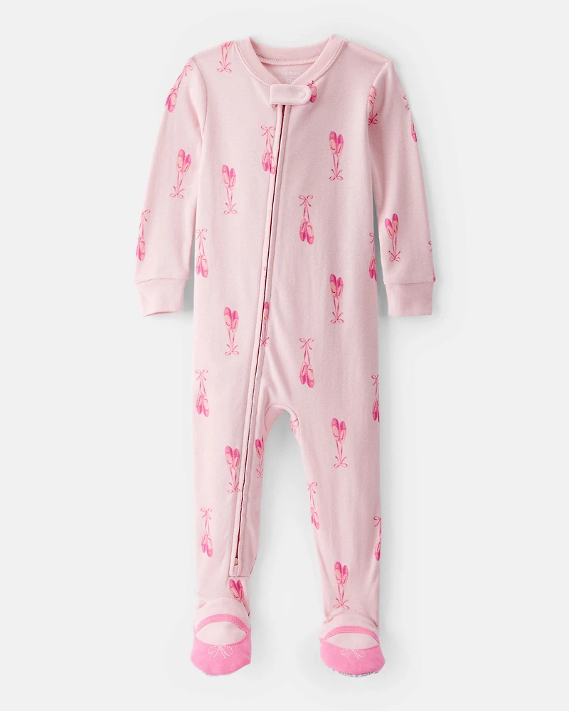 Baby Girl Ballet Print 100% Cotton Long-Sleeve 2-Way Zip 1-Piece Pajamas - Pink