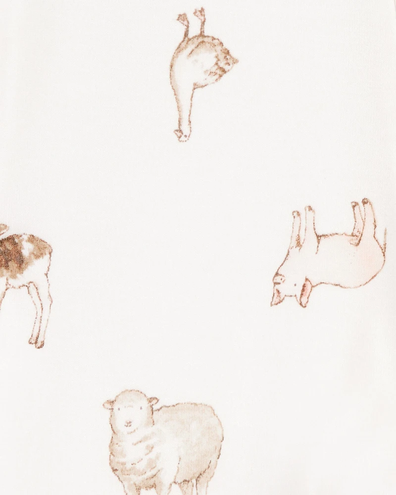 Baby Farm Animals Print 2-Way Zip PurelySoft Sleep & Play Pajamas - Ivory