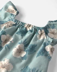 Toddler Girl 2-Piece Linen Top & Short Set Made with Organic Cotton in Blue Hibiscus