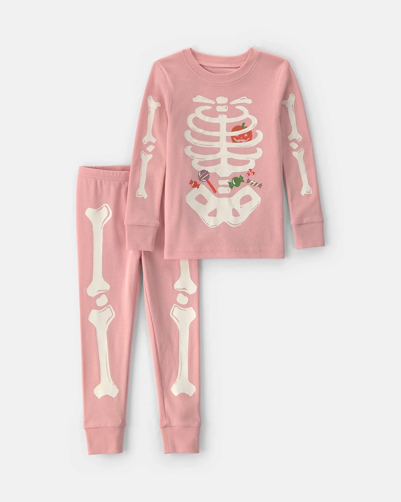 Toddler Girl 2-Piece Halloween Skeleton 100% Cotton Snug Fit Pajama Set - Pink