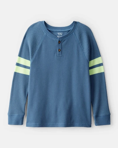Boys Stripe Thermal Long-Sleeve Henley T-Shirt - Blue