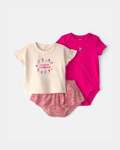 Baby Girl 3-Piece 'Sweetest Wildflower' Outfit Set - Pink/Cream