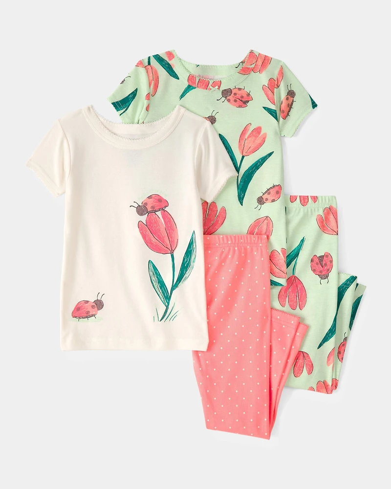 Toddler Girl Ladybug Floral 100% Cotton Snug Fit 4-Piece Pajama Set - Pink/Green