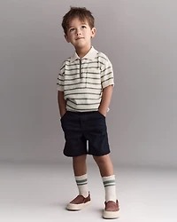 Toddler Boy Knit Zip-Up Polo in Stripes - Cream