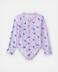 Girls Disney© Lilo & Stitch Gingham 1-Piece Rashguard Swimsuit - Purple/Blue