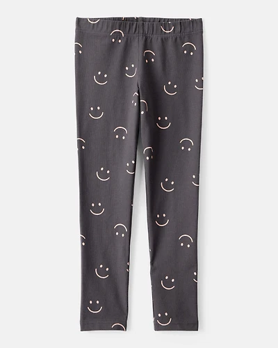 Girls Smiley Face Print Cotton Pull-On Stretch Leggings - Black