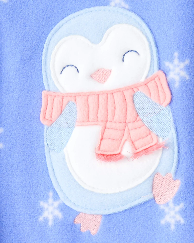 Toddler Girl Penguin Fleece Long-Sleeve Loose Fit 1-Piece Pajamas - Blue