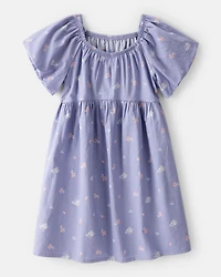 Girls Floral Print Short-Sleeve Cotton Dress - Blue