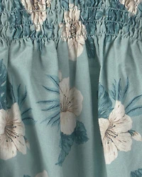 Girls Smocked Linen Dress Made with Organic Cotton in Blue Hibiscus